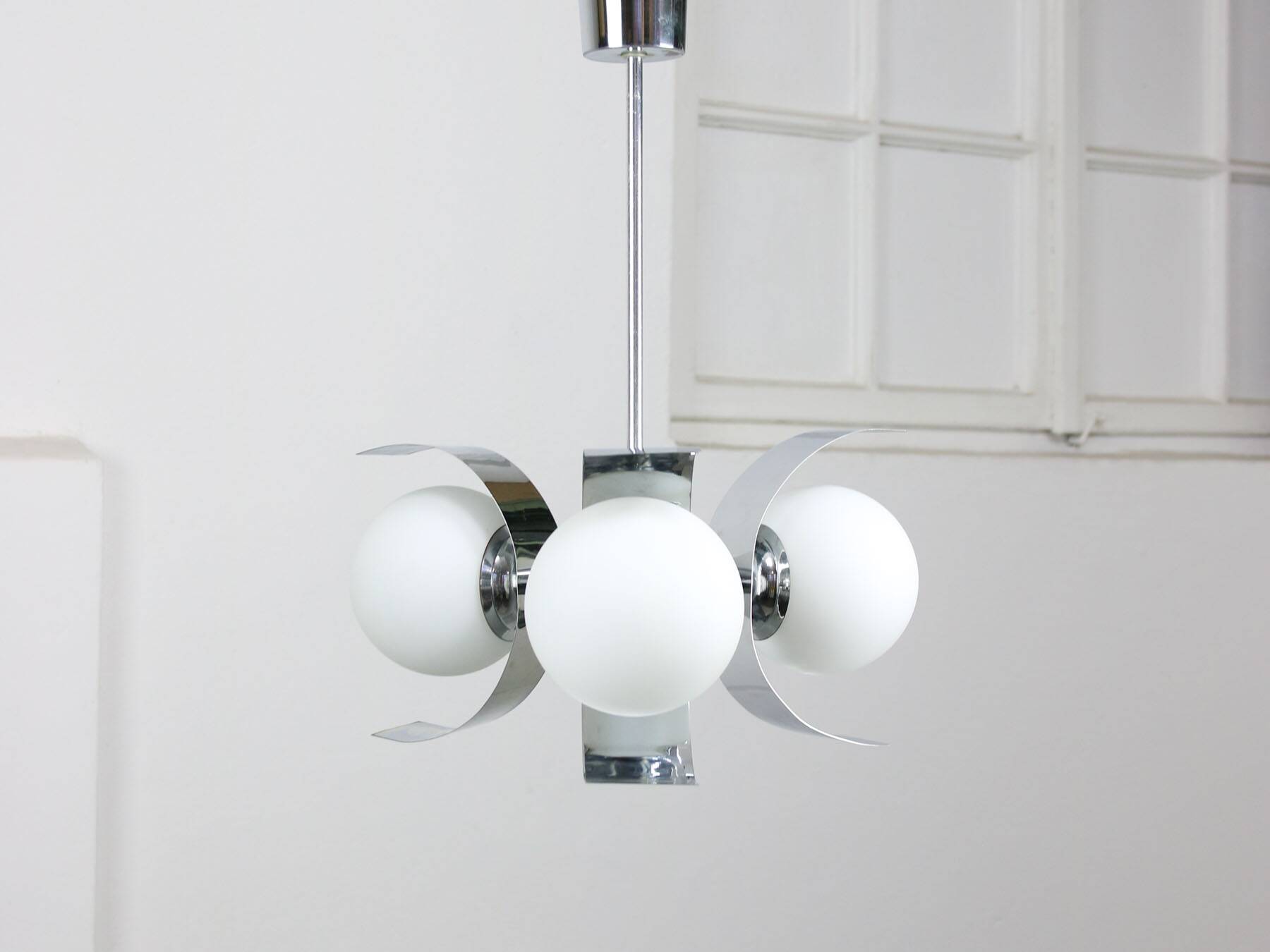 Vintage italian chrome and opaline chandelier, 70s