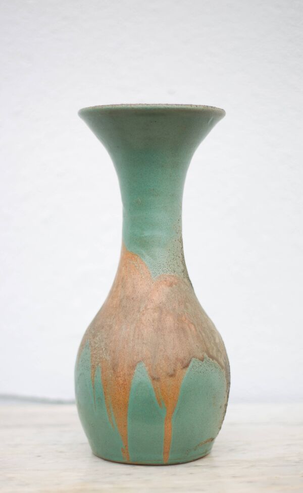 Vase vintage, vase balustre style raku, vase grand col, vase céramique vert céladon