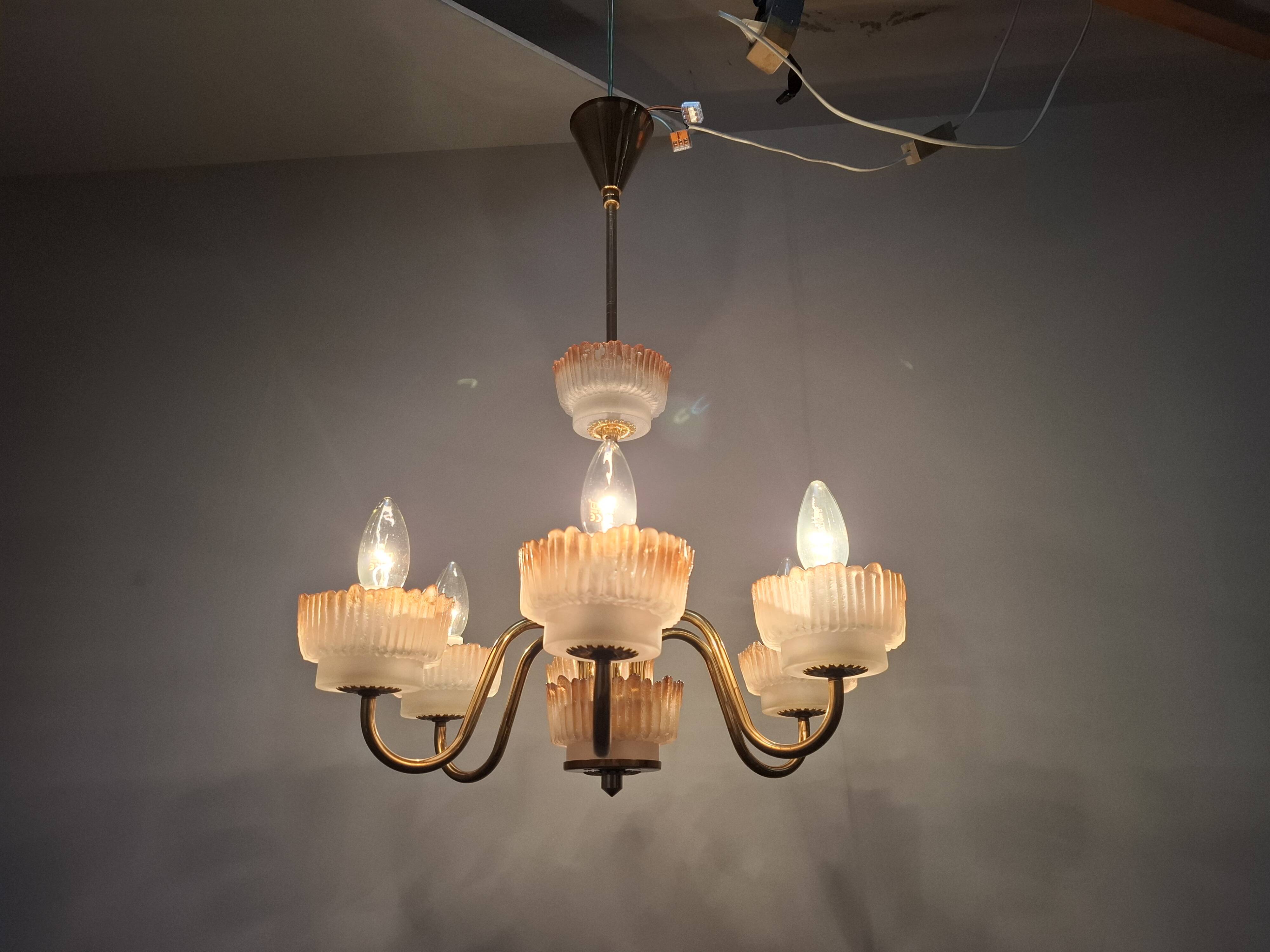 1960s Czech Mid-Century Brass and Železný Brod Frosted Glass Six-Arm Chandelier