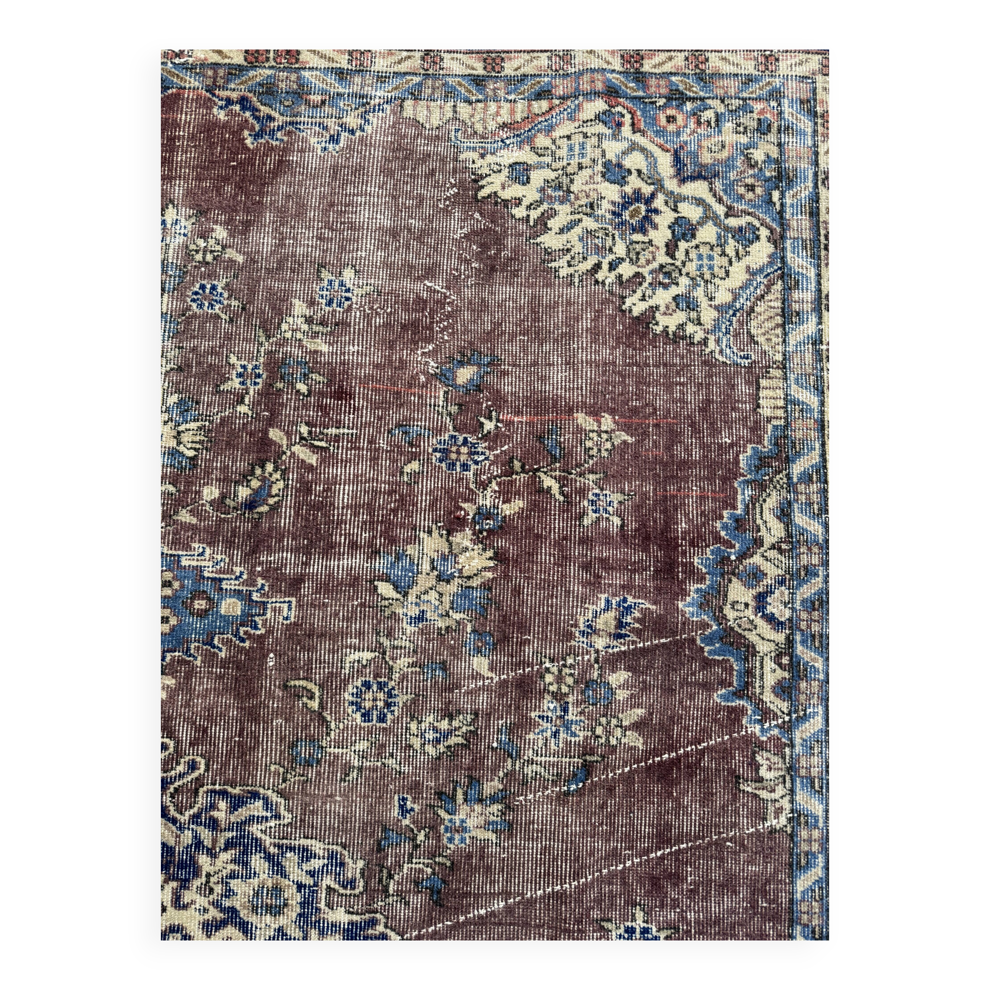 Tapis oriental vintage 205x300 cm, laine nouée à la main, tons rouge bleu beige, tapis turc