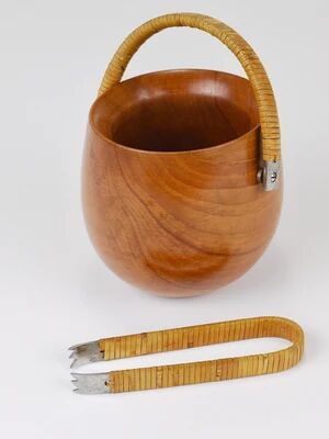 Carl Aubock sugar bowl & tongs, walnut, nickel, cane, no. 3536, 1940s