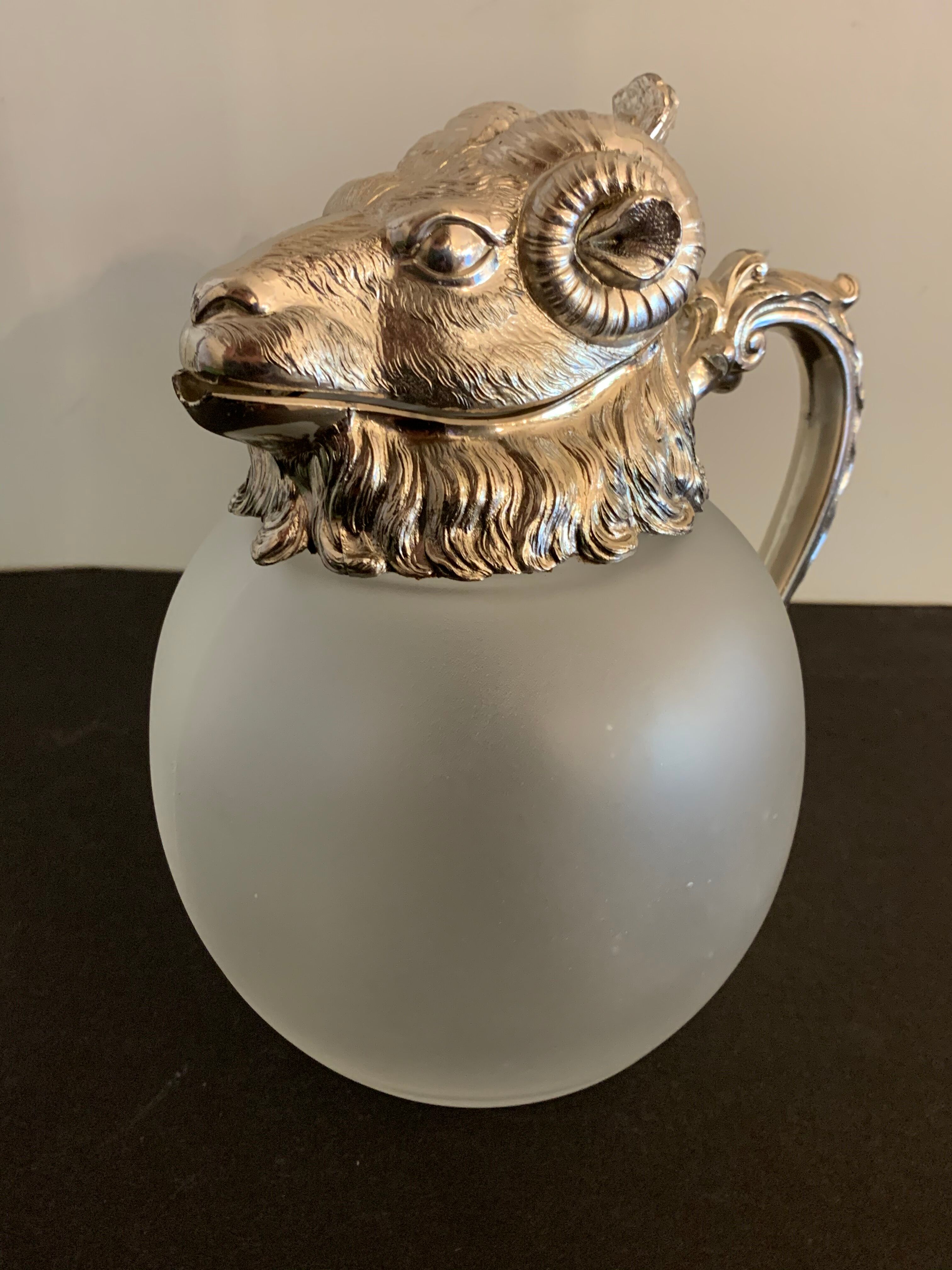 Decanting carafe or frosted glass water broc with silver metal ram head 1970
