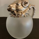 Decanting carafe or frosted glass water broc with silver metal ram head 1970