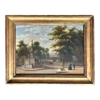 Peinture à l’huile française sur toile des années 1880. Paysage. Promenade dans le parc