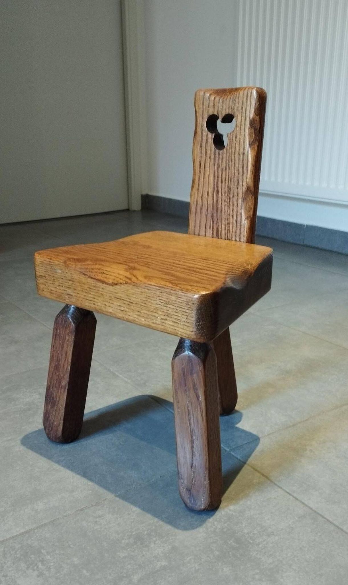Tripod chair for children, Scandinavian chalet brutalist design.