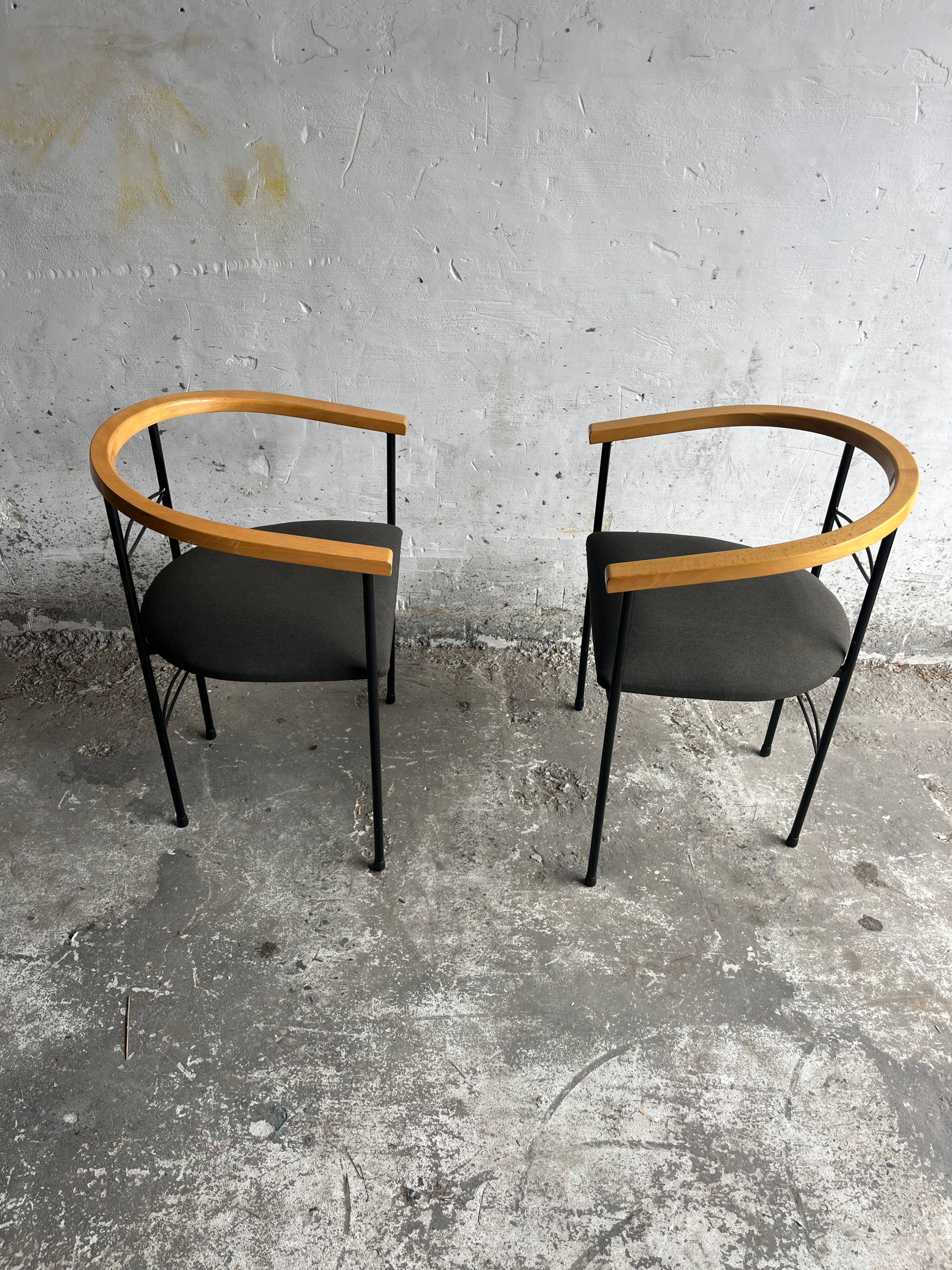 Set of 6 Postmodern Dining Chairs — Black Metal Frame, Natural Wood Armrest and Dark Grey Fabric Seats