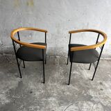Set of 6 Postmodern Dining Chairs — Black Metal Frame, Natural Wood Armrest and Dark Grey Fabric Seats