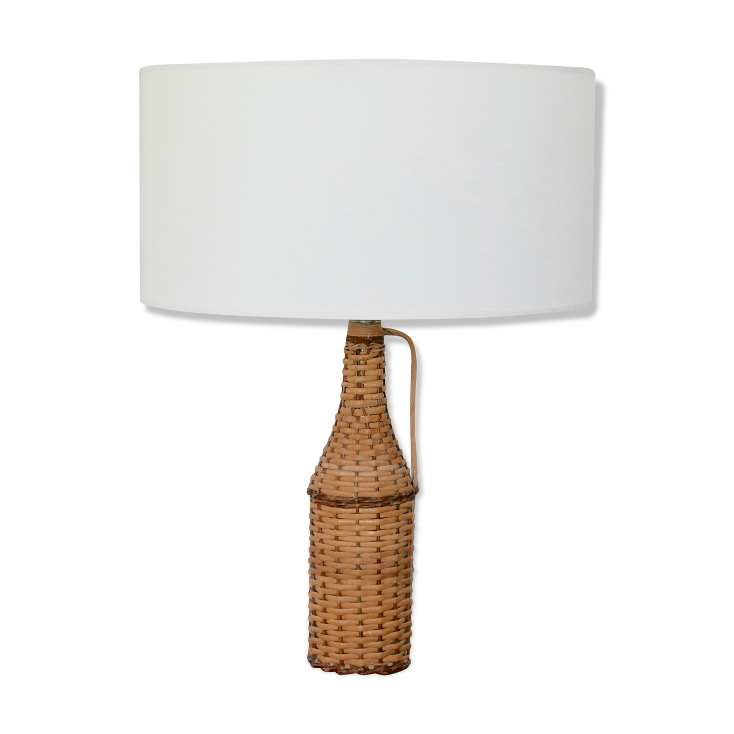 bottle lamp covered with wicker, white drum lampshade, 70s