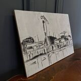 Drawing on panel representing the port of Nantes mid-20th century