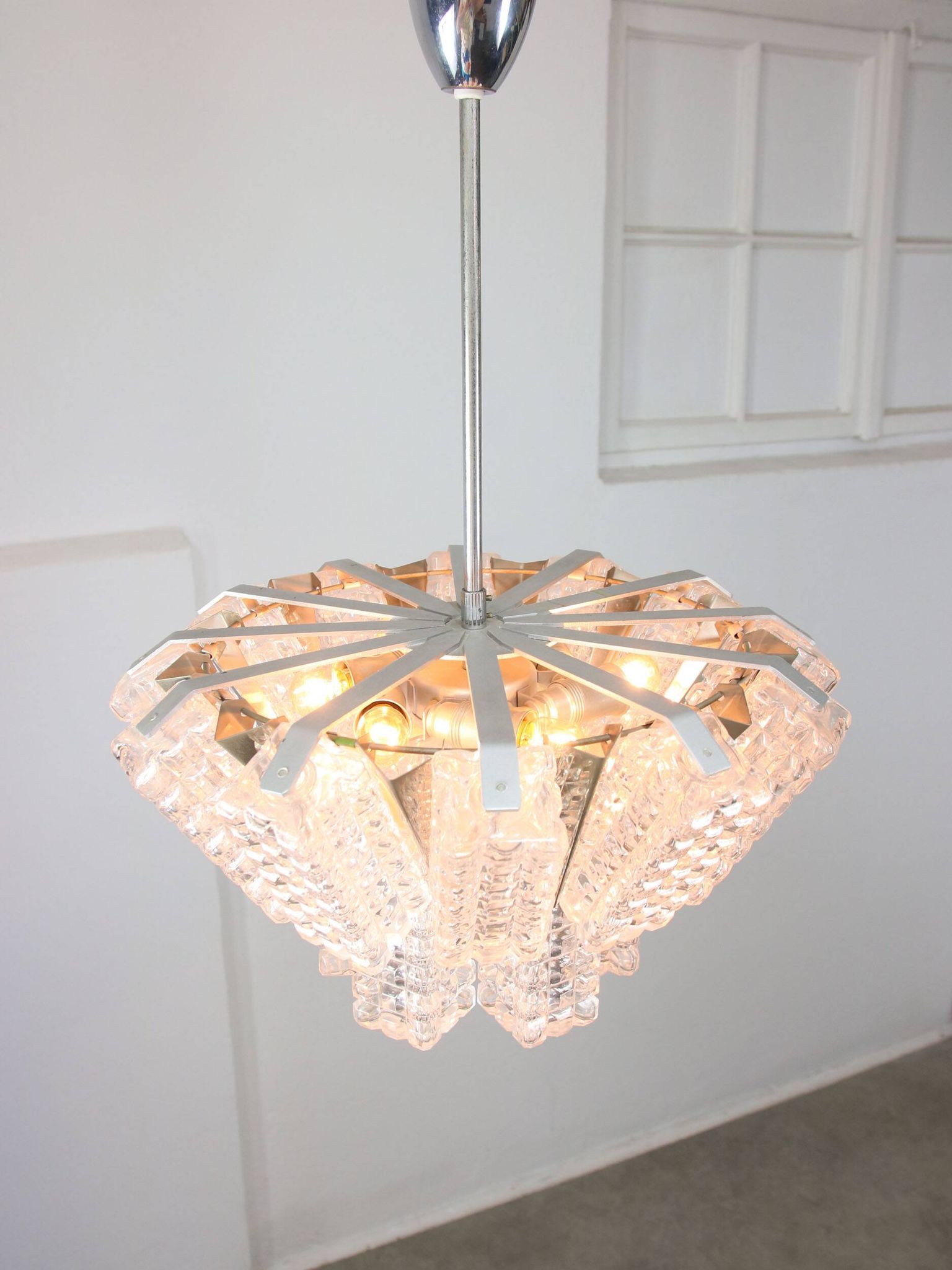 Vintage Austrolux Glass Chandelier: Mid-Century Chrome Pendant Light