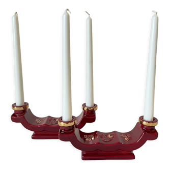 Bougeoirs en céramique rouge bordeaux et or 1930 art deco France écureuil