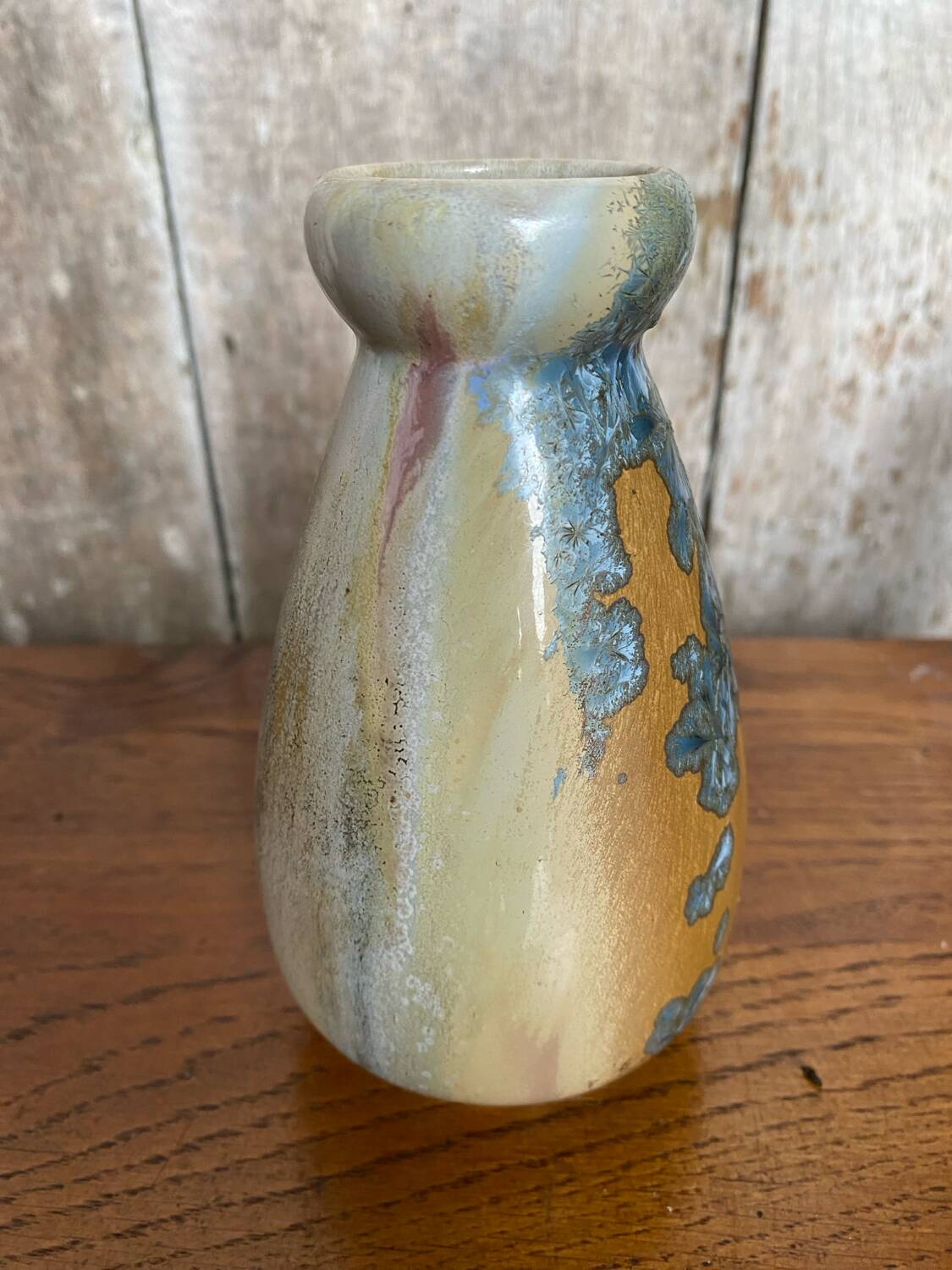 Old mougin style vase ceramic beige crystallized enamel blue france