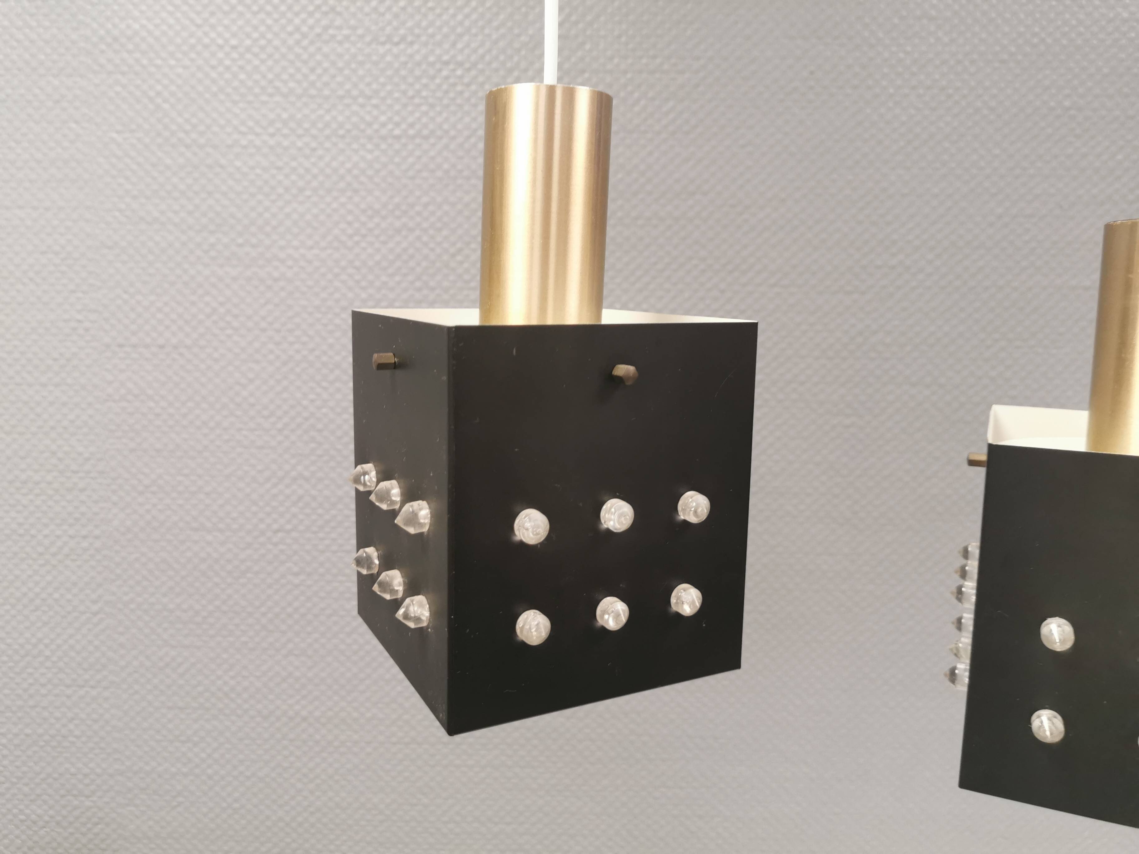 Three older square pendant lamps in Space-Age style, Denmark 1980s