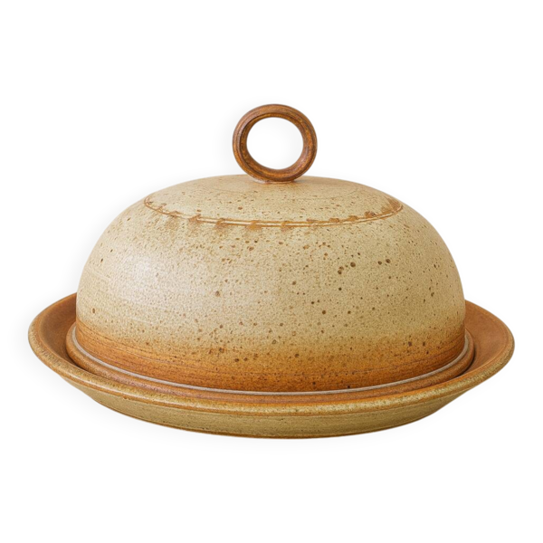 Cloche à fromage artisanale en grès pyrité avec son plat, années 70-80