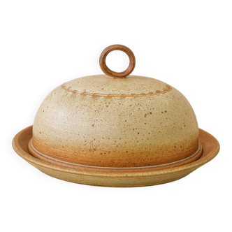 Cloche à fromage artisanale en grès pyrité avec son plat, années 70-80
