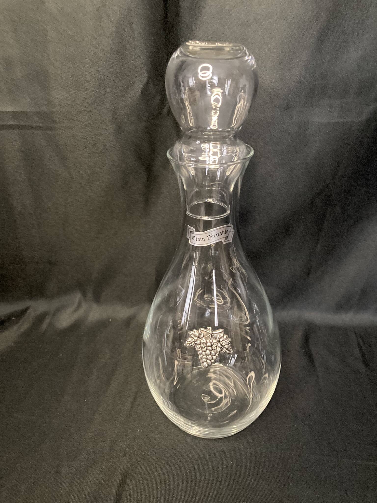 Carafe à vin en cristal décor étain avec bouchon dégustation XXème