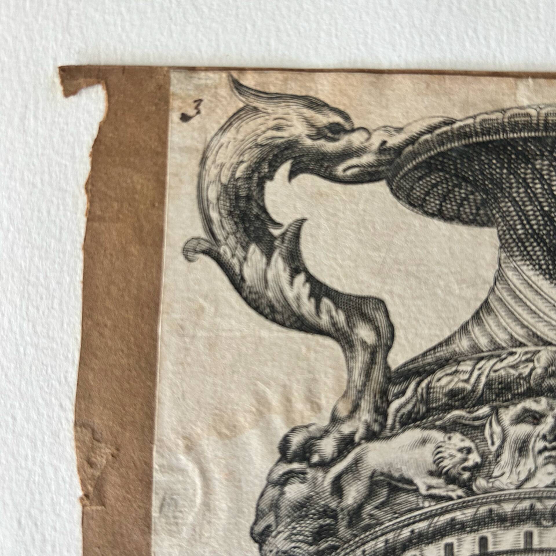 Gravure ancienne vase ornée d’après Polydoro da Caravaggio