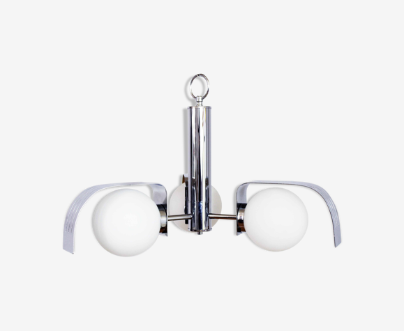 Lustre spoutnik à 3 opalines et métal chromé années 70