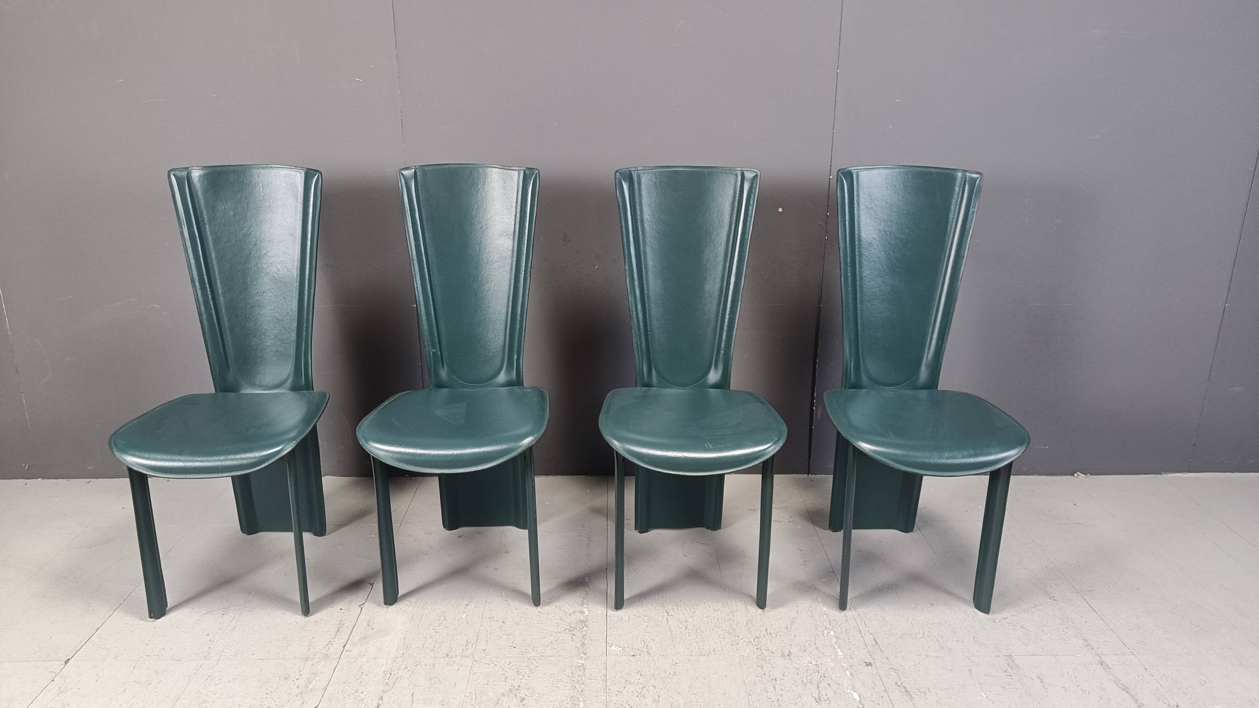 Vintage green leather dining chairs, 1980s - set of 4