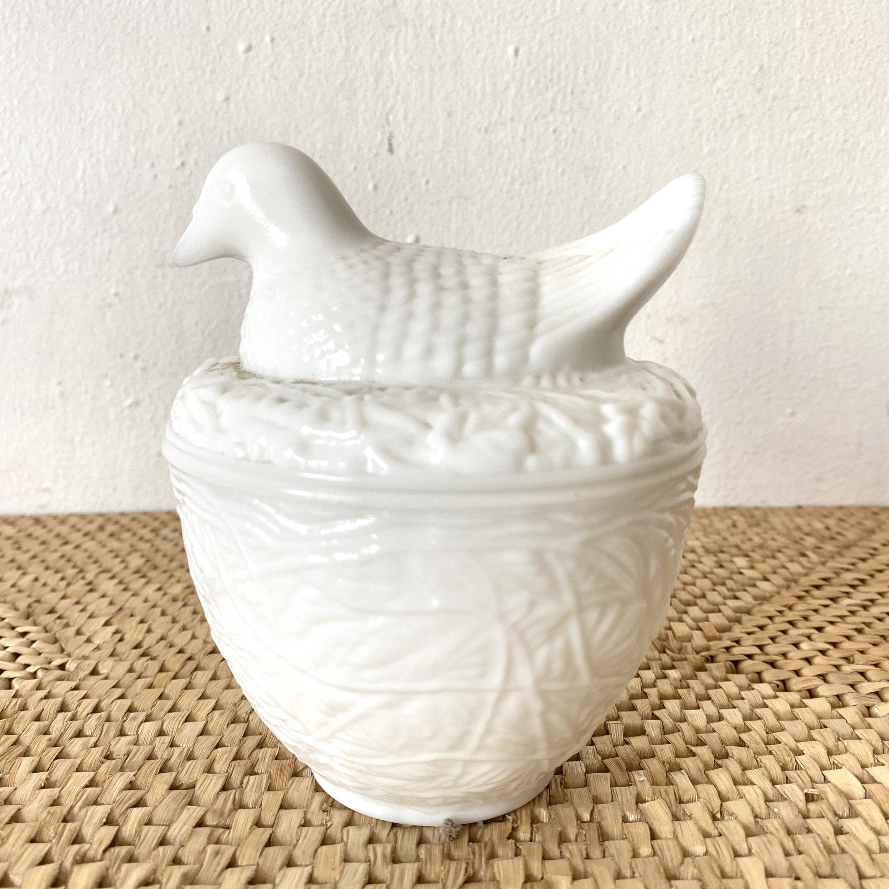 White opaline bird sugar bowl