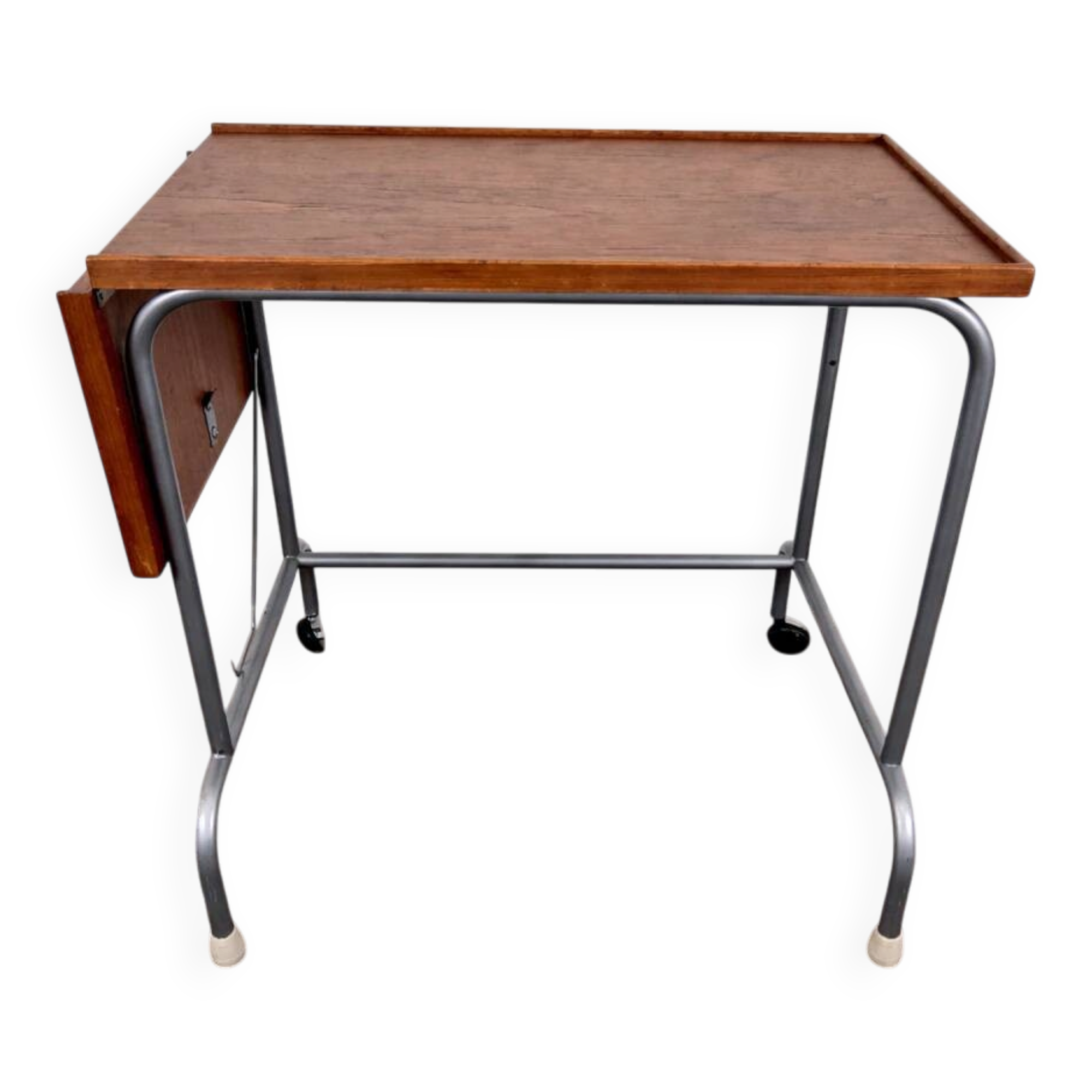 Side table on wheels with a mobile extension in teak and metal, Denmark, 1960.