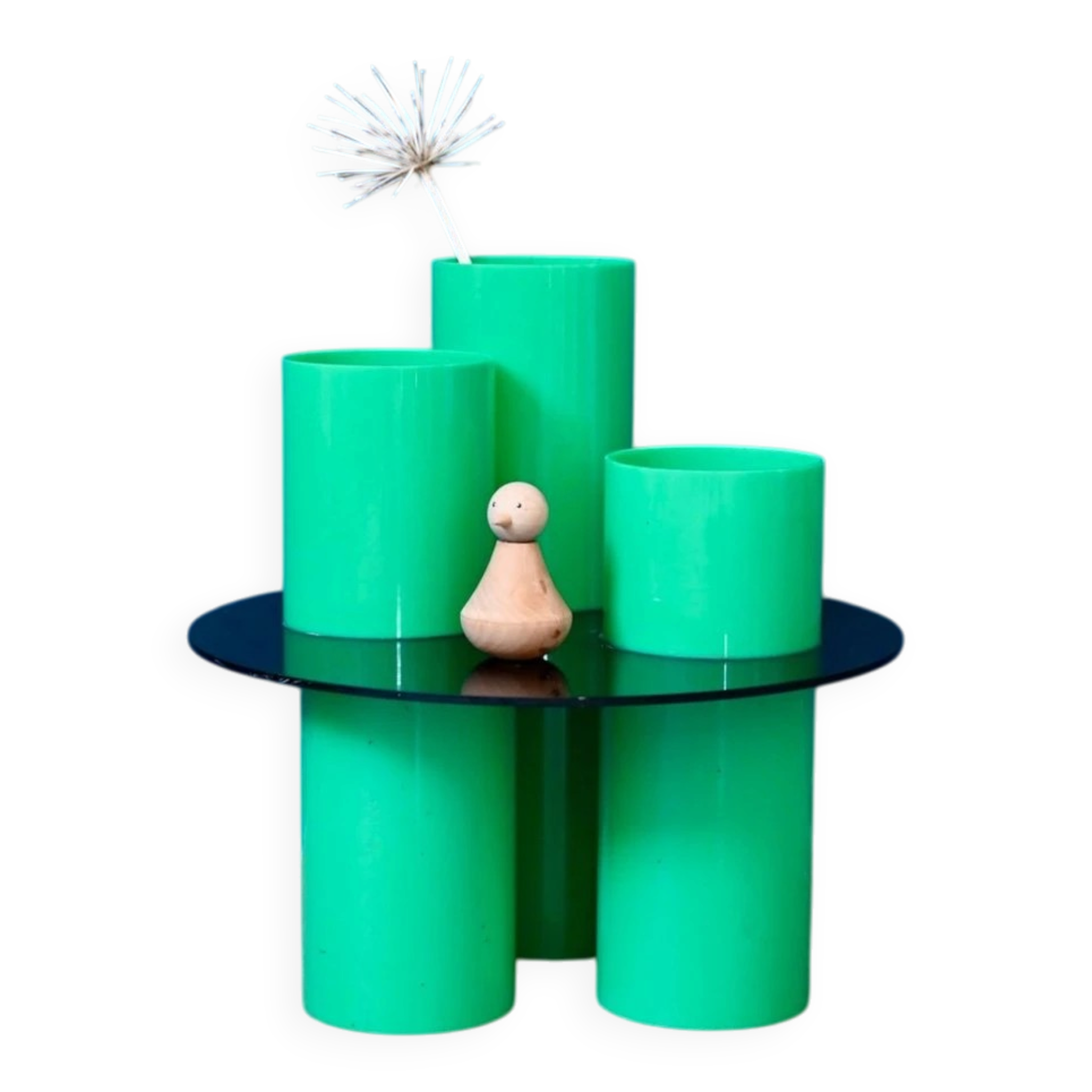Green plexiglass coffee table in Memphis design style from the 1980s.