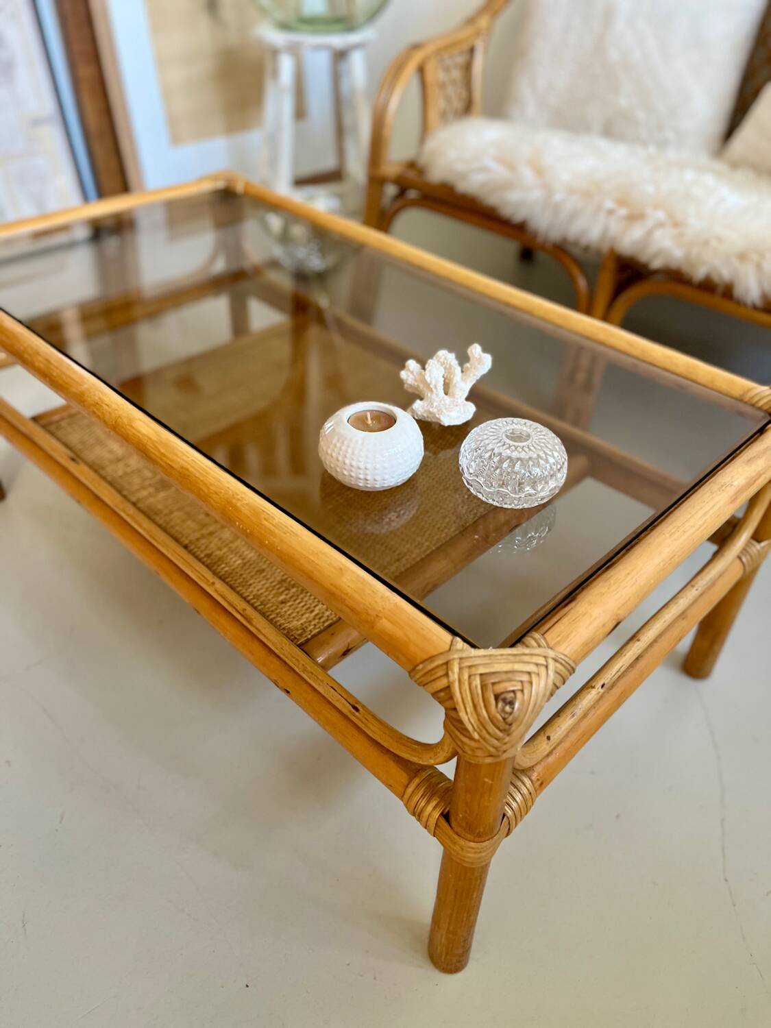 Coffee table 1960s/70s - smoked glass / bamboo / rattan / wicker