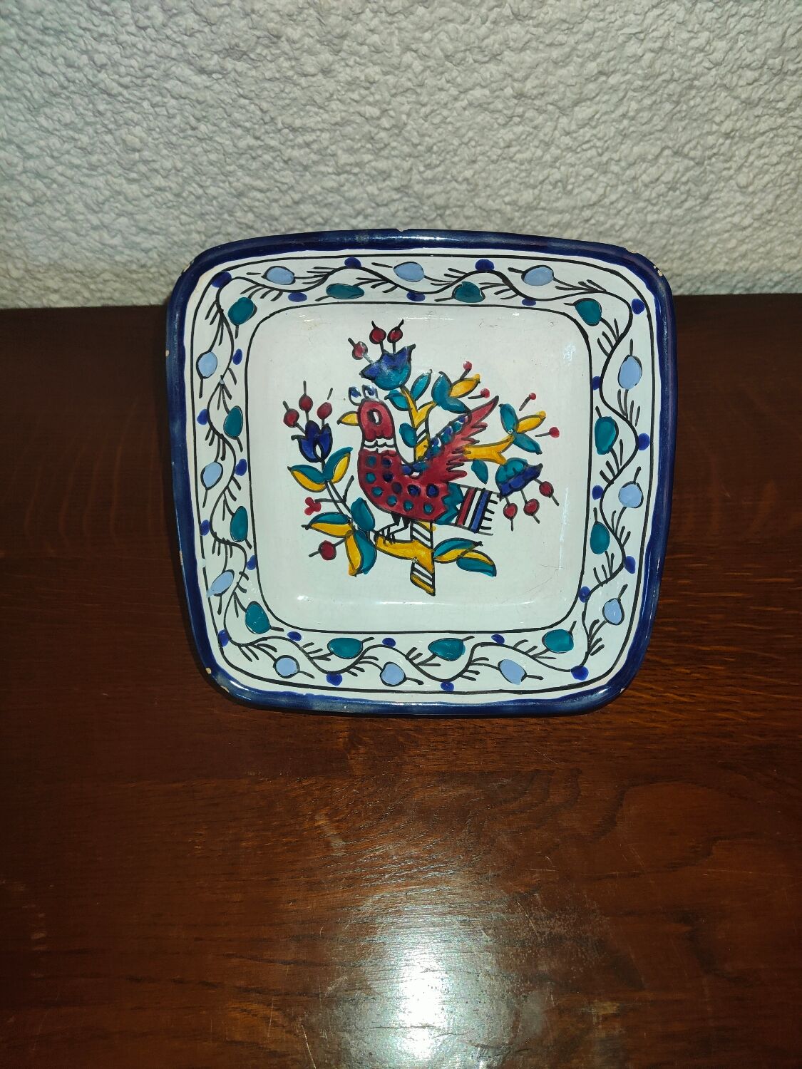 Old square dish square cut in polychrome glazed ceramic Nabeul Tunisian with bird decoration