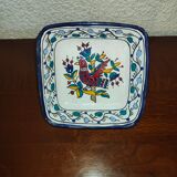 Old square dish square cut in polychrome glazed ceramic Nabeul Tunisian with bird decoration