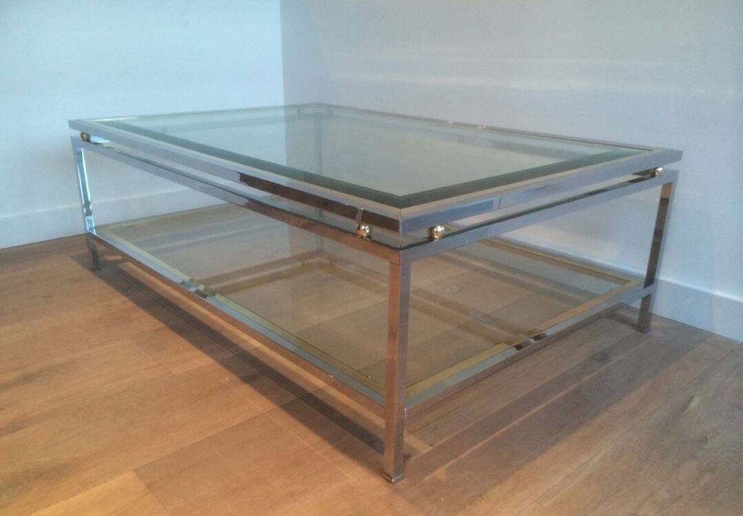 Table basse à double plateau en chrome et laiton