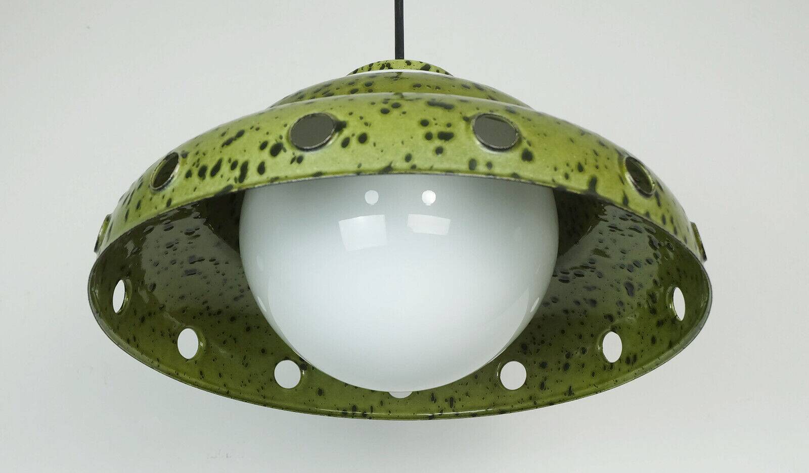 Mid century pendant light enamel metal white glass 1960s