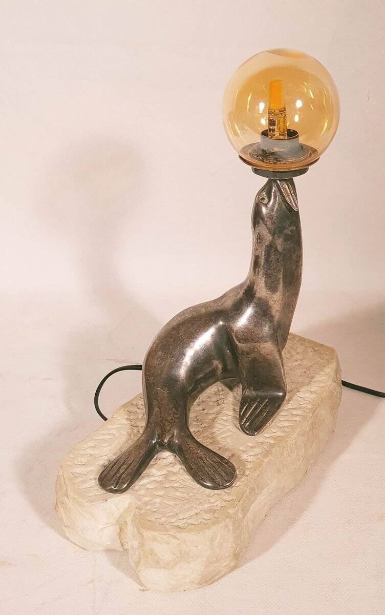 Art Deco "sea lion" lamp in silver-plated bronze