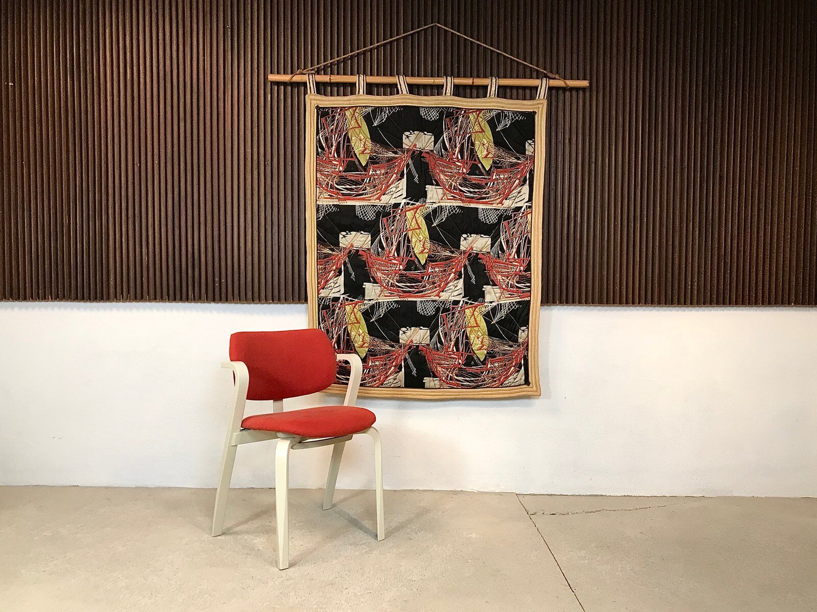 Tapestry wall hanging with sailing boats motif on bamboo rod, Italy 1940s