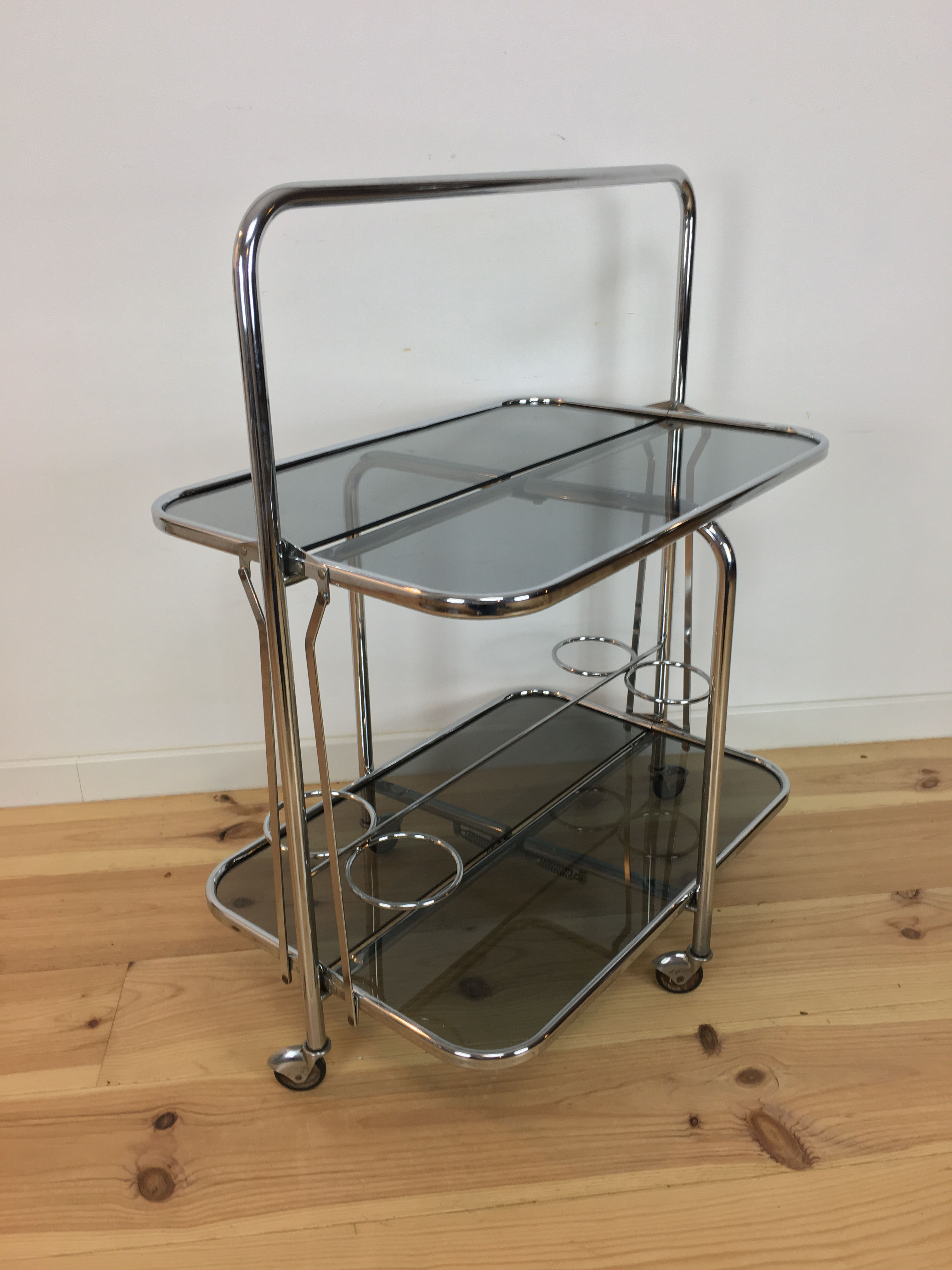 70s chrome folding dessert, smoked glass bar