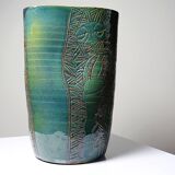 Vintage blue-green artisan pottery vase with incised tribal decoration Eseka Pottery.
