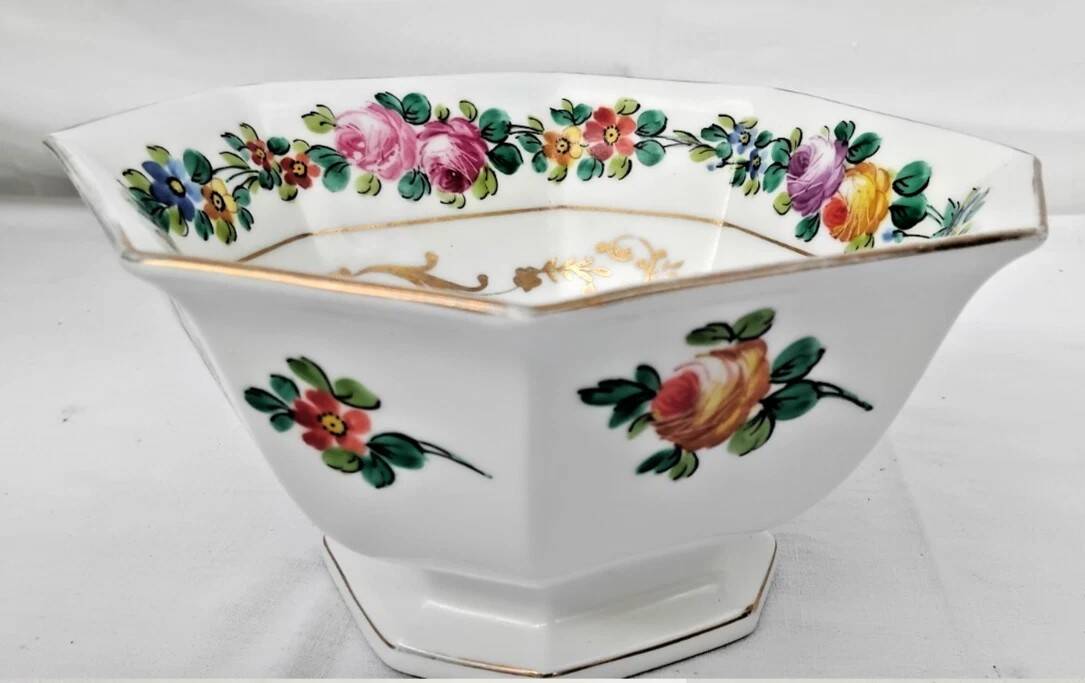 Vintage Octagonal Porcelain Salad Bowl from Mehun