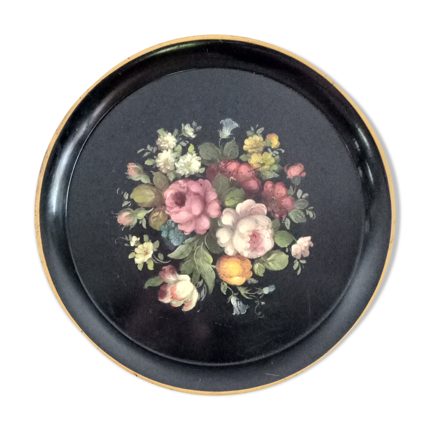 Large vintage round tray in black metal floral decoration hand-painted gold eder