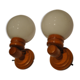 Duo of wooden wall light and glass globes