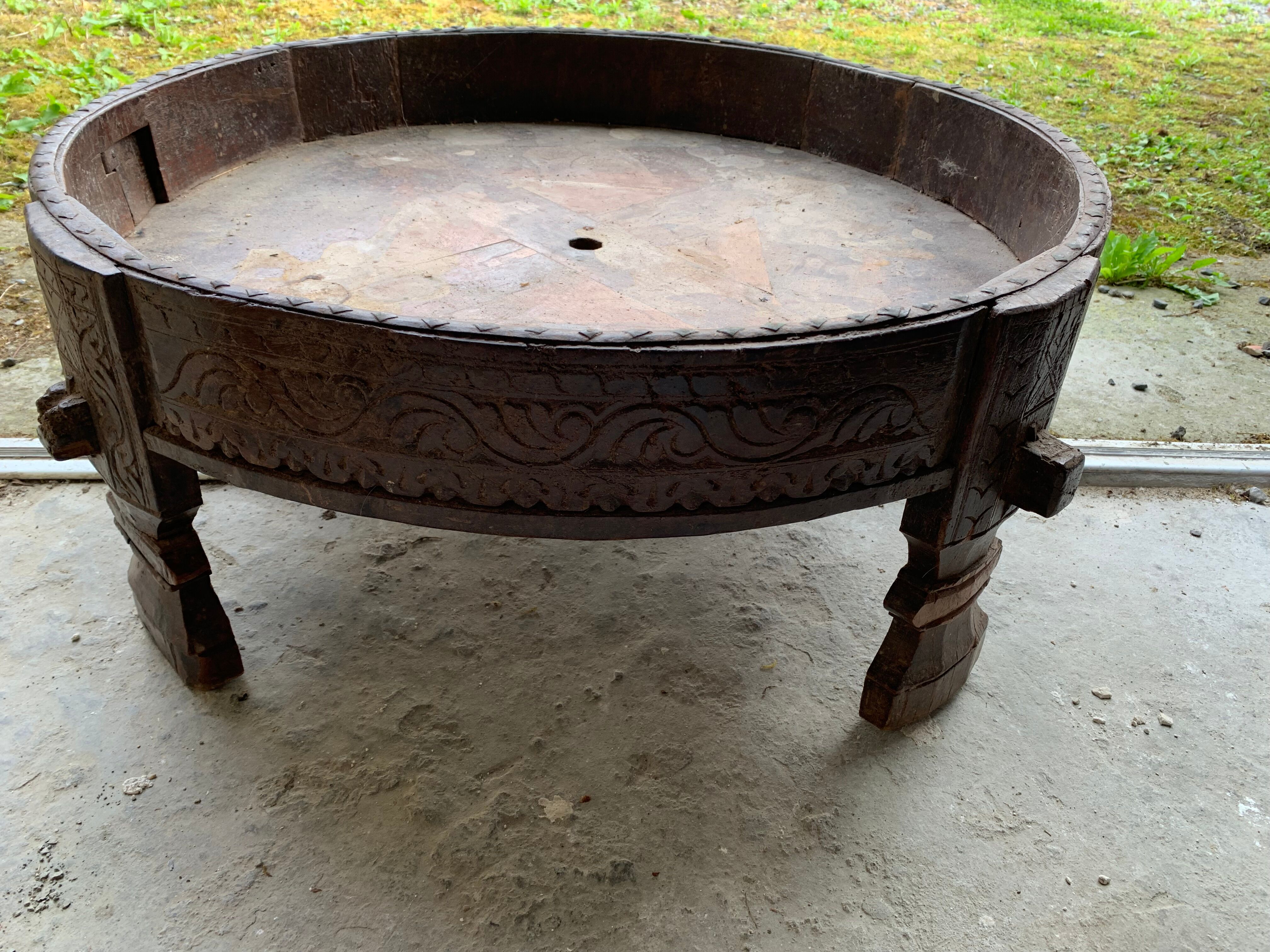 Old Indian grain millstone CHAKKI carved wood