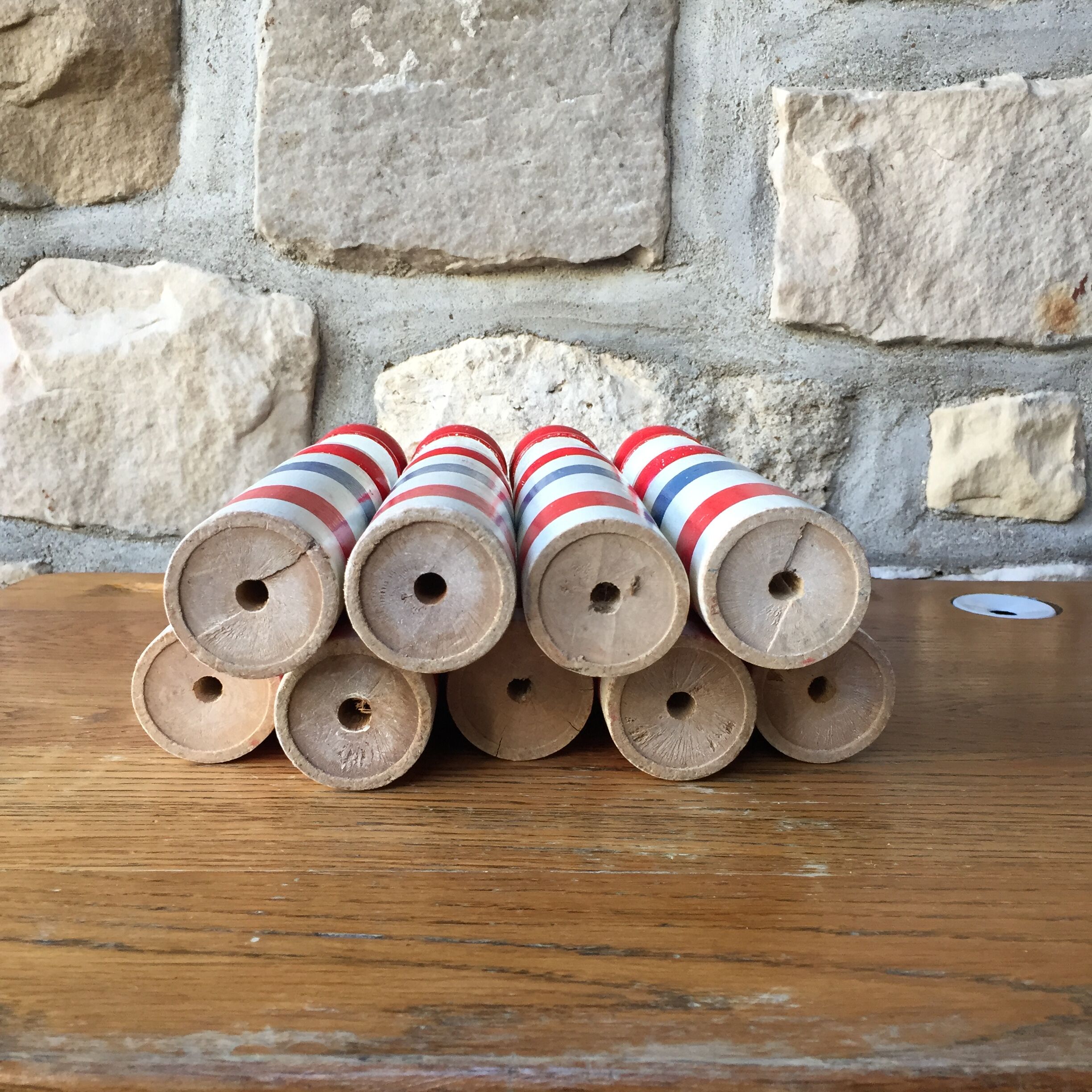 Old vintage wooden bowling game triclore plus two balls