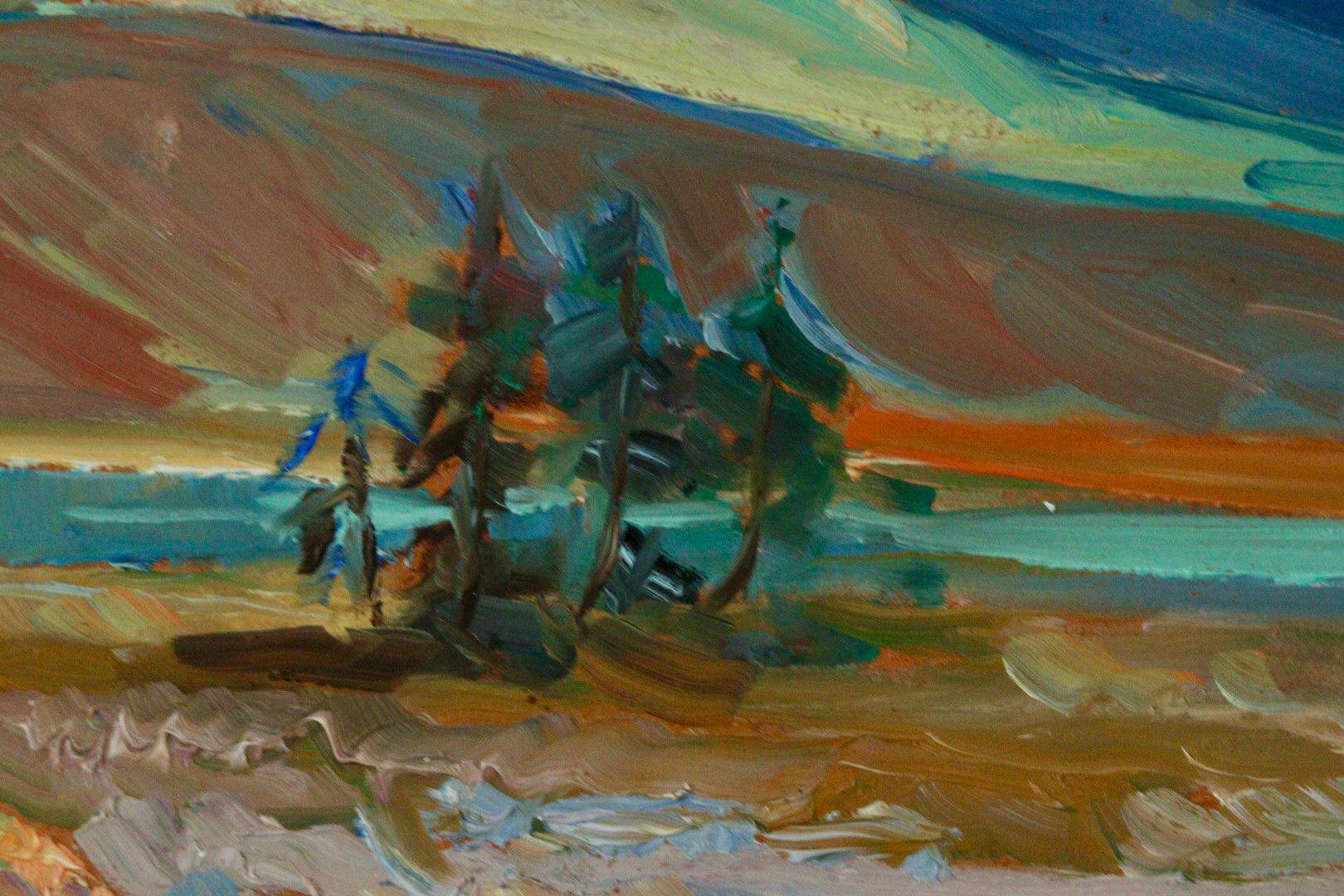 Huile sur panneau originale du milieu du siècle – « Paysage avec montagne »