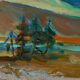 Huile sur panneau originale du milieu du siècle – « Paysage avec montagne »