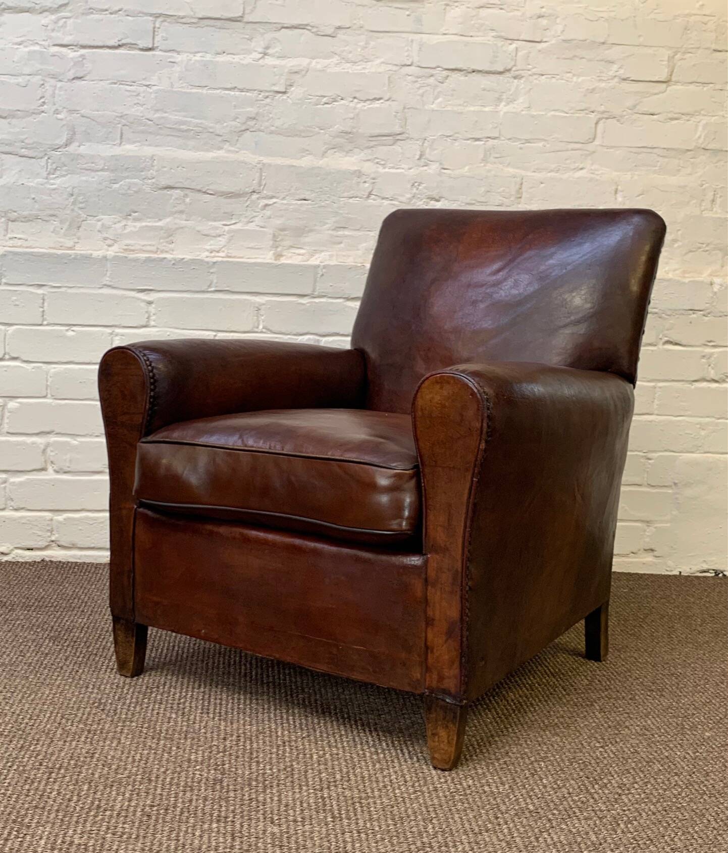 Antique Leather Club Chair, Normandy Model, Circa 1920's