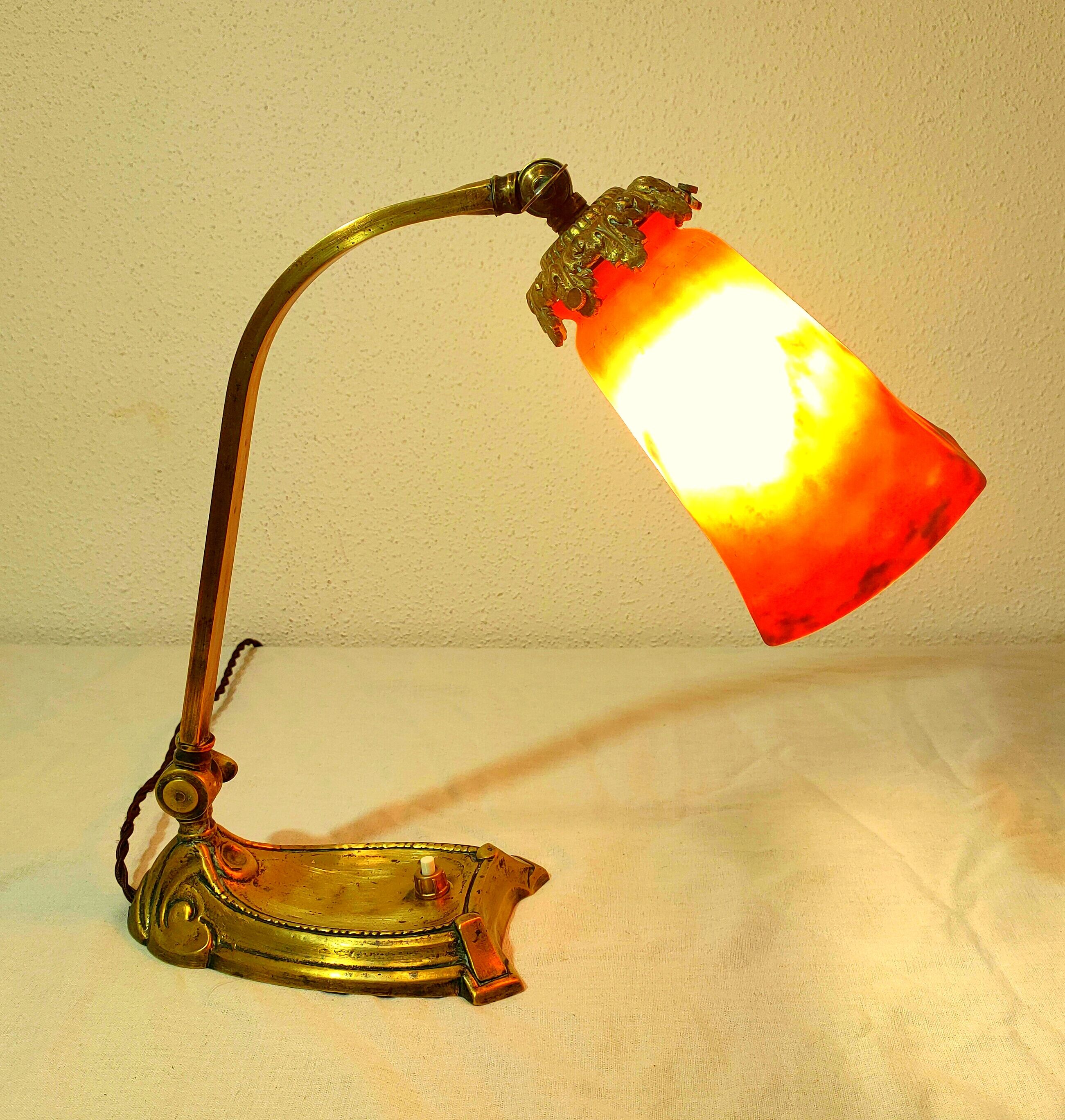Art-nouveau lamp articulable bronze foot with glass paste shade muller lunéville