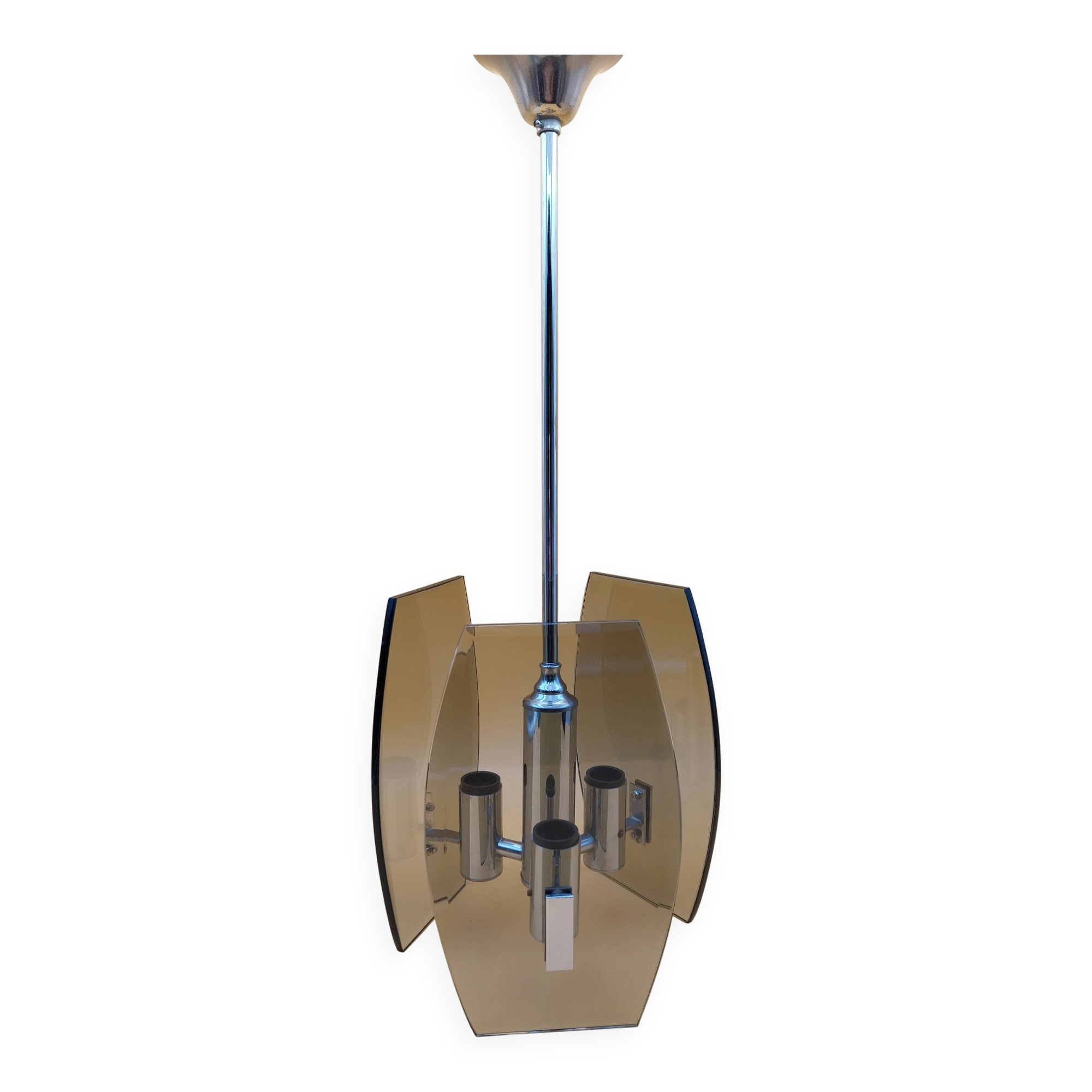 Chrome and smoked glass ceiling pendant from the 1970s.