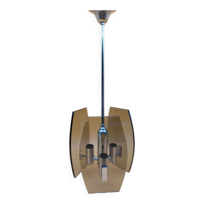 Plafonnier suspension chrome et verre fumé année 70