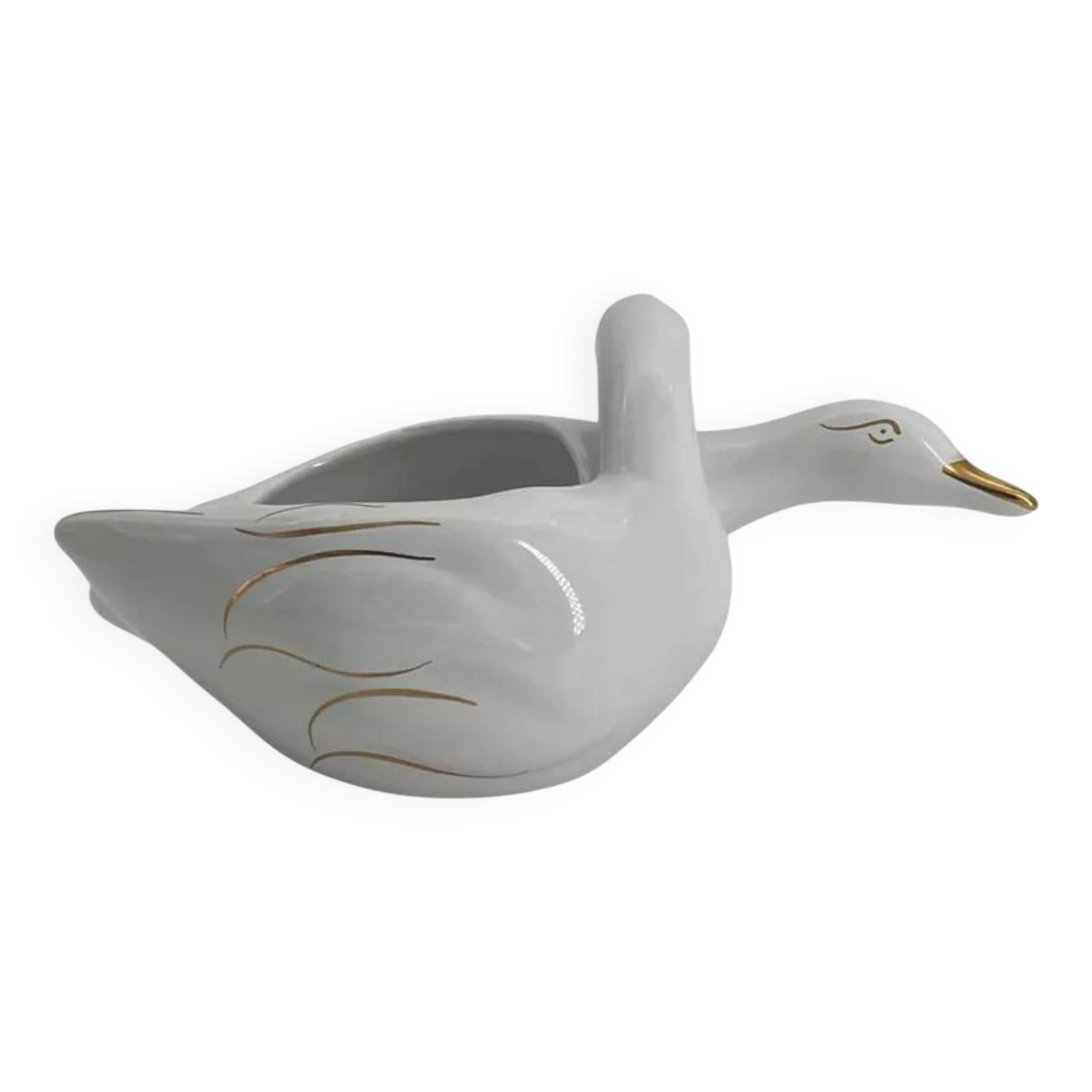 Vintage white and gold porcelain two swan planter