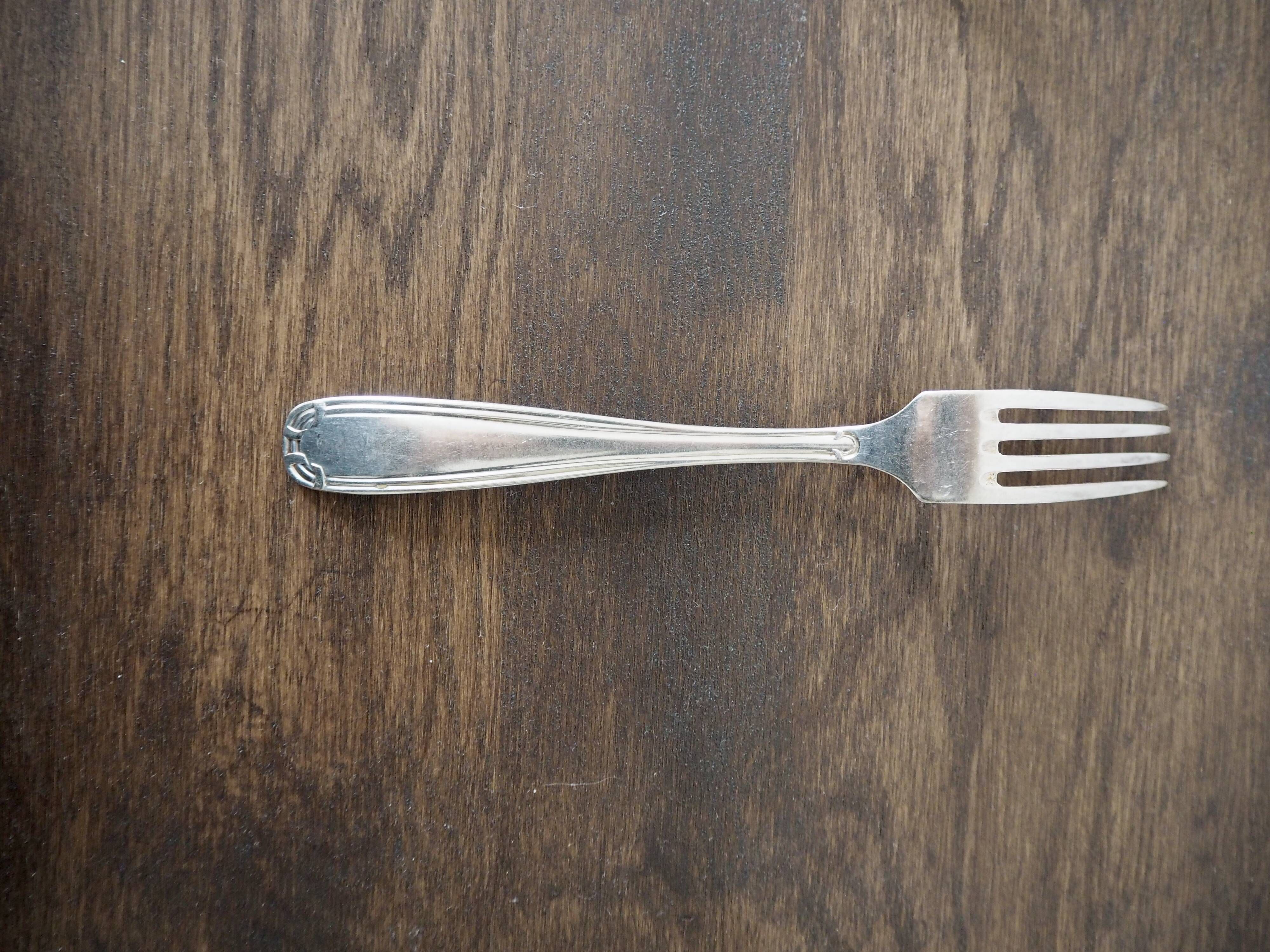 Set of 6 forks and 6 spoons in silver metal with punches