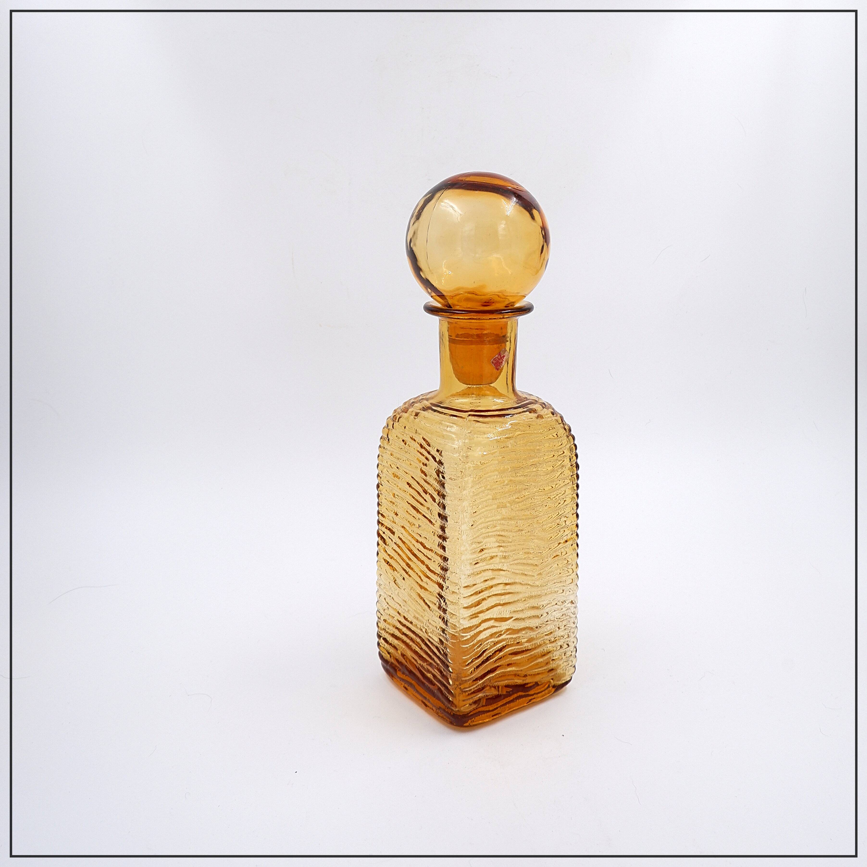 Vintage Italian MCM Empoli Wavy Amber Glass Decanter with Round Ball Stopper