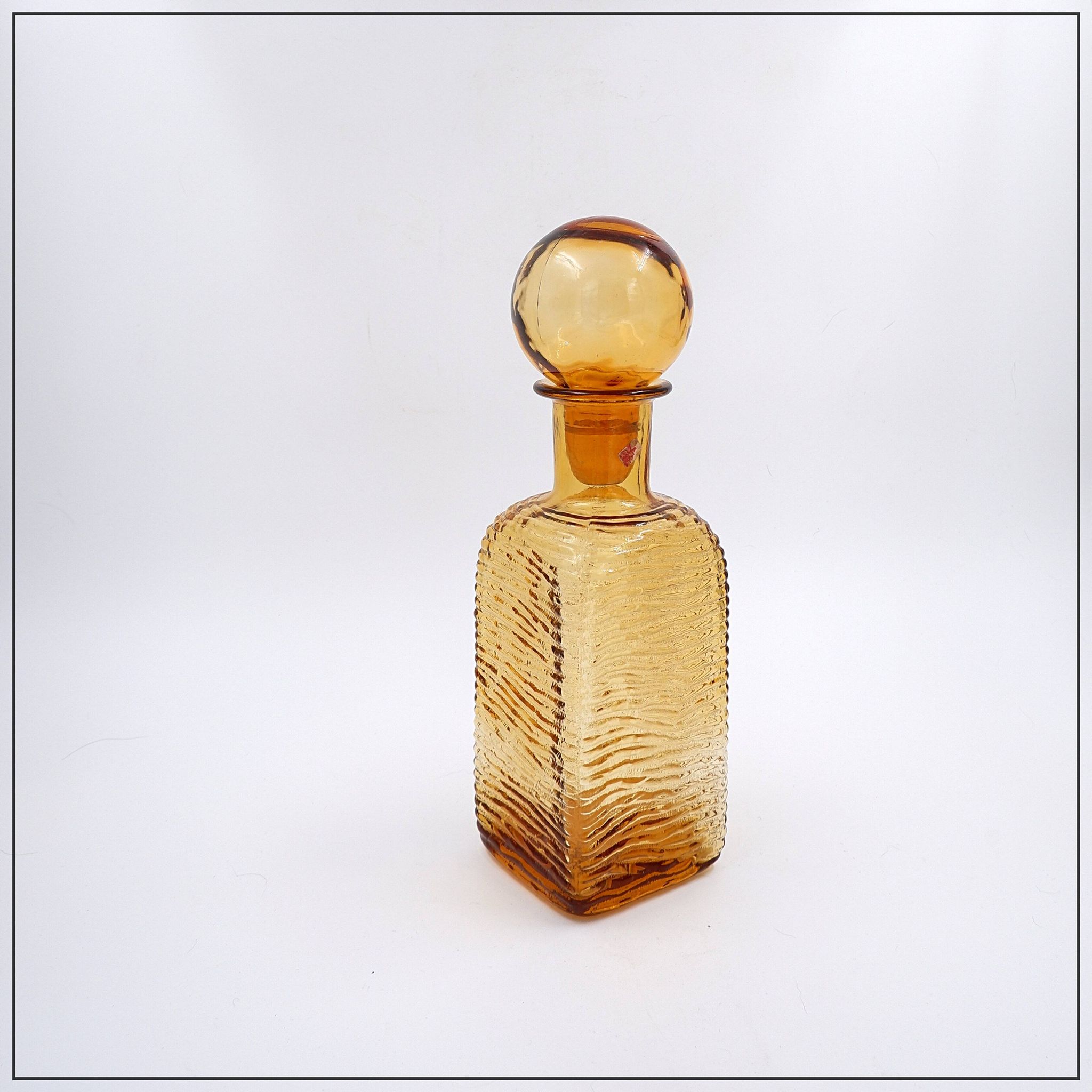 Vintage Italian MCM Empoli Wavy Amber Glass Decanter with Round Ball Stopper
